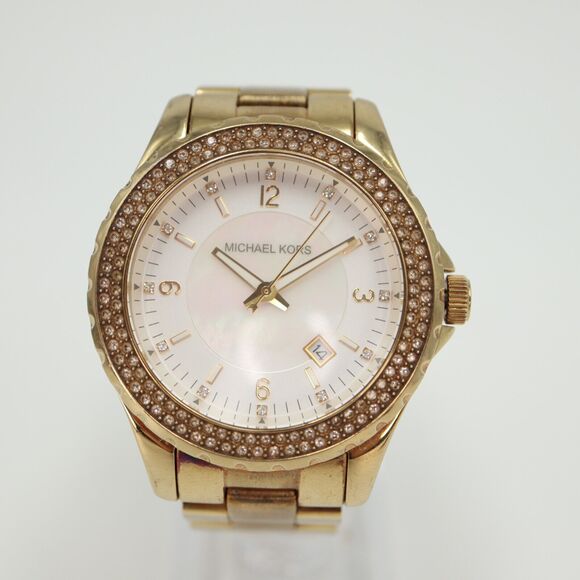 Michael Kors 42mm Watch Gold Tone MOP Dial Jewel Bezel MK5258 Stainless Steel - Picture 5 of 15